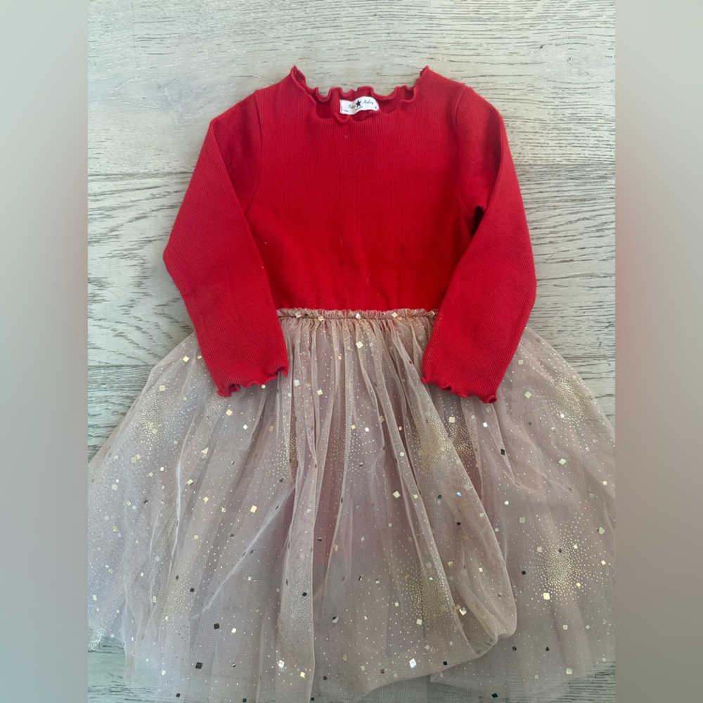 Red Knit Bodice Dress with Gold Sparkle Tulle Skirt for Kids